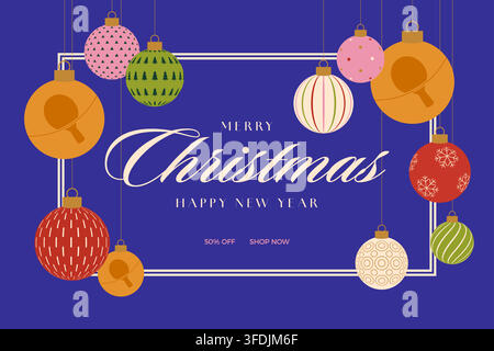 Colorful Flat Vector Christmas Ornaments with Table Tennis Motifs Hanging for Playful Festive Holiday Season Greeting.. Stock Vector