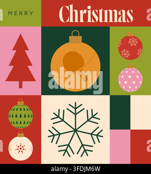 Festive Christmas Holiday Collage with Unique Sport Ornament and Winter Symbols in Modern Flat Vector Design. Stock Vector