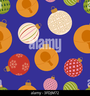 Playful Christmas Ornaments Seamless Vector Pattern with Unique Table Tennis Paddle Designs for Festive Holiday Decoration in Modern Flat Style.. Stock Vector