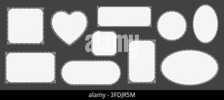 Pack of scalloped white postage frames isolated. Outline border template. Simple minimalist label text box. Blank scallop edge stamp mockup. Vector il Stock Vector