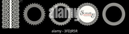 Realistic textured lace border round frames pack isolated on black. Vintage crochet embroidery frame set. Classic ornament border trim ribbon line. Ve Stock Vector