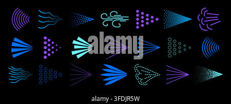 Spray mist icon pack isolated on black background. Blue spray steam icons. Fluid, air, aerosol cloud, nebulizer, steam spraying symbols set. Vector il Stock Vector
