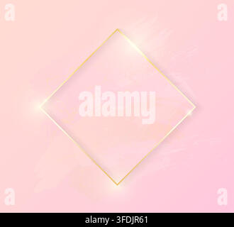 Gold shiny glowing rhombus frame with rose pastel brush strokes isolated on pink background. Golden luxury line border for invitation, card, sale, fas Stock Vector