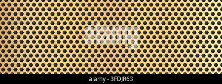 Gold seamless perforated metal sheet realistic texture. Metal chrome grill plate with small octagon holes. Modern design carbon radiator bg. Macro spe Stock Vector