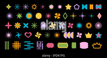 Set of aesthetic geometric shapes. Trendy colorful forms isolated on black background. Simple star and flower, heart and rhombus, crown and twinkle symbols in techno style. Vector flat illustration. Stock Vector