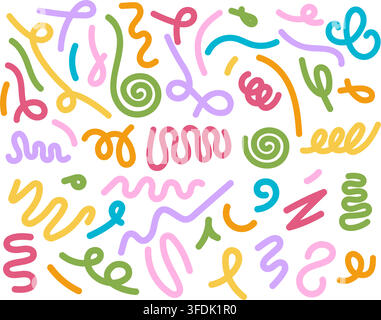 Set of colorful hand drawn curvy lines. Different curves, squiggles and loops in trendy spline style. Organic doodle figures isolated on white background. Vector flat illustration. Stock Vector