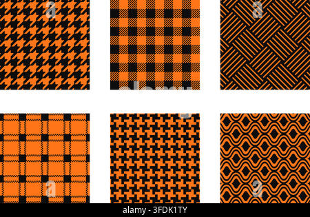 Set of Halloween or Thanksgiving Day patterns in orange and black colors. Collection of tablecloth, plaid or wrapping paper prints. Autumn theme textile designs. Vector flat illustration. Stock Vector