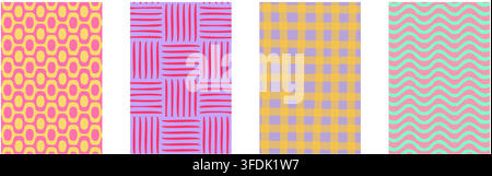 Set of trendy dopamine patterns. Vertical posters with colorful handdrawn prints. Cute abstract backgrounds. Simple geometric textures. Modern wallpapers. Vector flat illustration.  Stock Vector