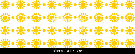 Set of borders with childish sun silhouettes. Dividers with cute sunburst, sunrise or sunset signs. Summer theme design elements. Happy positive vibes concept. Vector flat illustration. Stock Vector