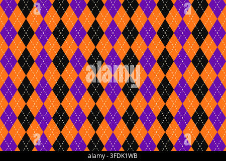 Argyle pattern in traditional Halloween colors. Orange, purple and black rhombus shapes print. Sweater, socks, plaid or wrapping paper print with repeated diamonds. Vector flat illustration. Stock Vector