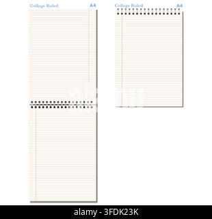 Ivory college ruled notebook page shows blue horizontal ruling plus red margin, black wire binding, and varied formats on light gray background. Suita Stock Vector