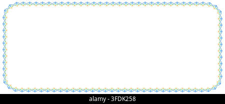 Cobalt folk floral lace horizontal rectangle with rounded corners plus green orange embroidery scallops forms vintage. ornament isolated on white for Stock Vector