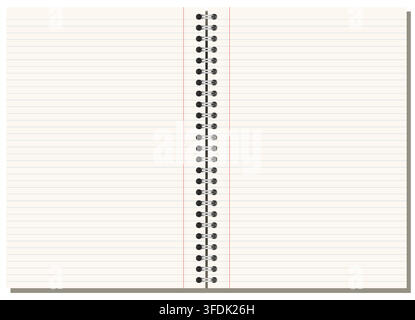 Ivory college ruled notebook page shows blue horizontal ruling plus red margin, side wire binding, and wide landscape format on white background. Suit Stock Vector