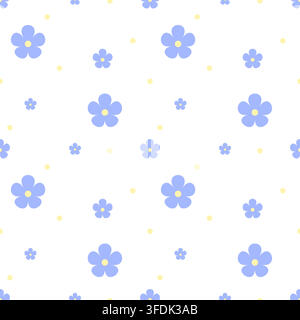 Soft seamless floral pattern with periwinkle blue flowers and pale yellow dots on white. A playful botanical repeat suitable for textiles, wallpaper, Stock Vector