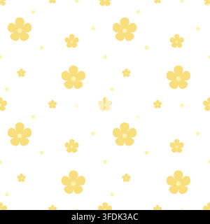 Cheerful seamless floral pattern with pastel yellow flowers and pale yellow dots on a white background. A simple decorative design for fabric, wallpap Stock Vector