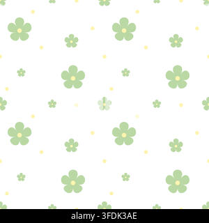 Soft seamless floral pattern featuring sage green flowers and pale yellow dots on white. A charming botanical repeat for fabric, wallpaper, wrapping p Stock Vector