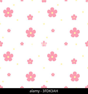 Cute seamless floral pattern featuring soft pink five-petal flowers and small yellow dots on a clean white background. Ideal for fabric, wrapping pape Stock Vector