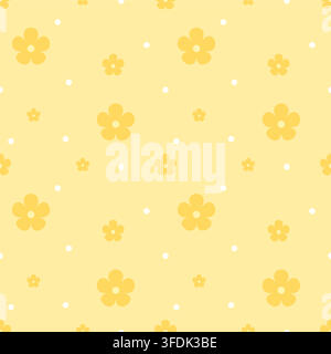 Cheerful seamless pattern featuring yellow five-petal flowers and white dots on a soft pastel yellow background. A sunny tone-on-tone design for fabri Stock Vector