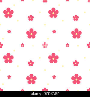 Vibrant seamless floral pattern featuring coral red-pink flowers and pale yellow dots on white. A lively retro repeat for fabric, wallpaper, stationer Stock Vector