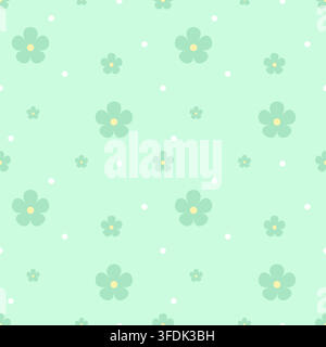 Fresh seamless floral pattern with mint green five-petal flowers and white dots on a soft mint background. A gentle pastel repeat for fabric, wallpape Stock Vector