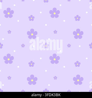 Dreamy seamless floral pattern with lavender purple flowers and white dots on a soft pastel purple background. Ideal for fabric, wallpaper, stationery Stock Vector