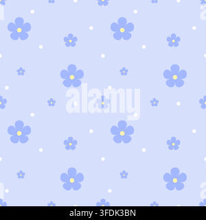 Soft seamless floral pattern featuring periwinkle blue flowers and white dots on a pale blue background. A calming tone-on-tone repeat for textiles, w Stock Vector