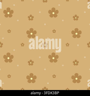 Cozy seamless floral pattern with warm brown flowers and cream dots on a caramel beige background. An earthy retro repeat ideal for fabric, wallpaper, Stock Vector