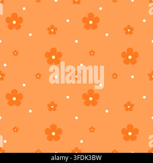 Vibrant seamless floral pattern featuring orange five-petal flowers and white dots on a warm orange background. A bold retro repeat for fabric, wallpa Stock Vector