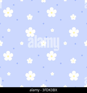 Soft seamless pattern with white flowers and blue dots arranged on a pastel periwinkle background. A charming botanical design for textile, wallpaper, Stock Vector
