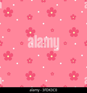 Vibrant seamless floral repeat with coral pink flowers and white dots on a matching pink background. A cheerful retro-inspired design for fabric, wall Stock Vector