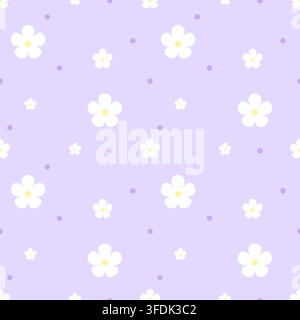 Delicate seamless pattern featuring white flowers and purple dots on a soft lavender background. Perfect for feminine textiles, wallpaper, wrapping pa Stock Vector