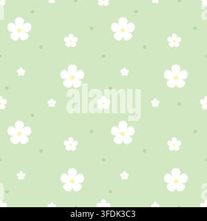 Gentle seamless pattern featuring white flowers and green dots on a soft sage background. A fresh botanical design for fabric, wallpaper, wrapping pap Stock Vector