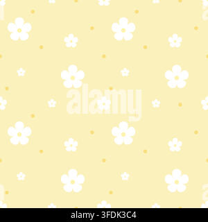 Cheerful seamless pattern of simple white flowers and yellow dots on a soft pastel yellow background. Suitable for spring textiles, wrapping paper, wa Stock Vector