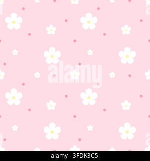 Cute seamless pattern featuring simple white flowers and pink dots on a soft pastel pink background. Ideal for fabric, wallpaper, wrapping paper, text Stock Vector