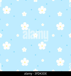Fresh seamless pattern of white flowers and blue dots on a cheerful pastel sky blue background. Suitable for textile, wallpaper, wrapping paper, stati Stock Vector
