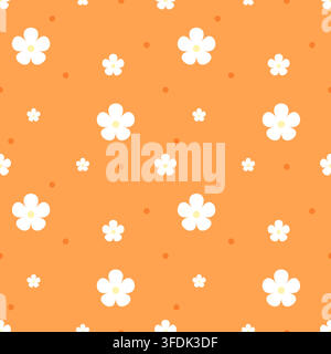 Vibrant seamless pattern featuring simple white flowers and orange dots on a warm bright background. Great for retro fabric, wallpaper, wrapping paper Stock Vector