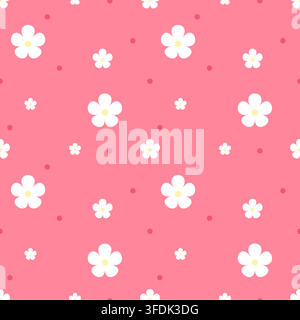 Playful seamless pattern featuring simple white flowers and coral dots on a vibrant pink background. Perfect for fabric, wallpaper, wrapping paper, st Stock Vector