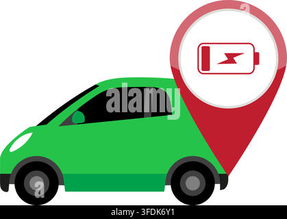 blue electric vehicle with map pin sign displaying low battery level indicator icon for navigation and power station search Stock Vector