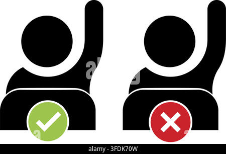 minimalist graphic showing two student icons raising hands with green check mark and red cross symbols above them. Stock Vector
