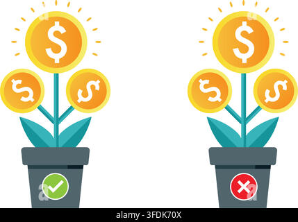 illustration of money growth in pot showing correct and incorrect choice options for financial investment strategy. Stock Vector