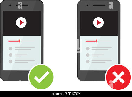 two mobile phones show a video player interface with checkmark and cross symbols to indicate correct and wrong options. Stock Vector