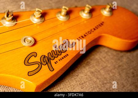 Close up Fender Squier logo, on a Stratocaster guitar. Sao Paulo, Brazil. August 20, 2026. Stock Photo