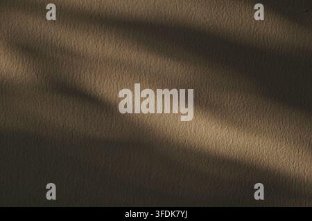 Minimalist shot of diagonal light rays and soft shadows cast on a grainy brown plaster wall, creating a warm and moody atmosphere. Stock Photo