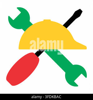 Construction Safety Helmet with Crossed Wrench and Screwdriver, Ideal for contractor logos, site safety signs, and engineering symbols. Stock Vector