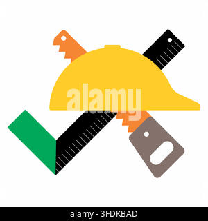 Construction Safety Helmet with Crossed Hand Saw and Try Square Tool Stock Vector