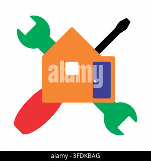 Home Repair Service Logo with Crossed Tools and House, Great for property maintenance and renovation companies. Stock Vector