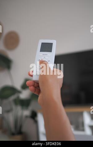 Holding a air condition remote control in a living room setting Stock Photo