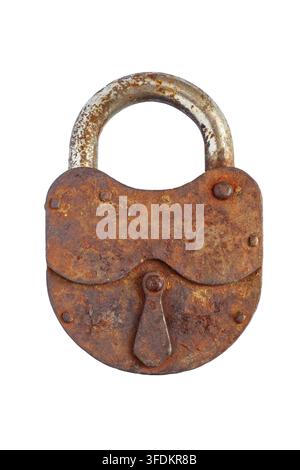 Old rusty padlock isolated on white background. Vintage metal lock for security and protection. Antique hardware object for safety concept. Stock Photo