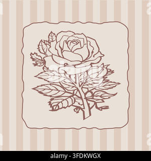 Elegant vintage rose botanical illustration featuring a detailed blooming flower, layered leaves, and hand-drawn linework inside a soft decorative fra Stock Vector