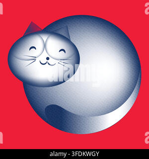 Cute vector illustration of a happy round chubby cat with textured details on a vibrant red background. Perfect for modern prints, stickers, and art. Stock Vector